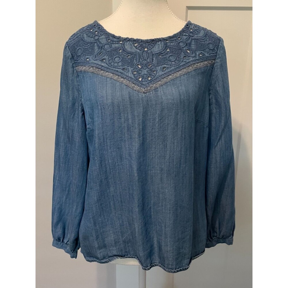 TALBOTS Womens TOP Long Sleeve BLUE Denim Embroidered Cut-Out Size MP